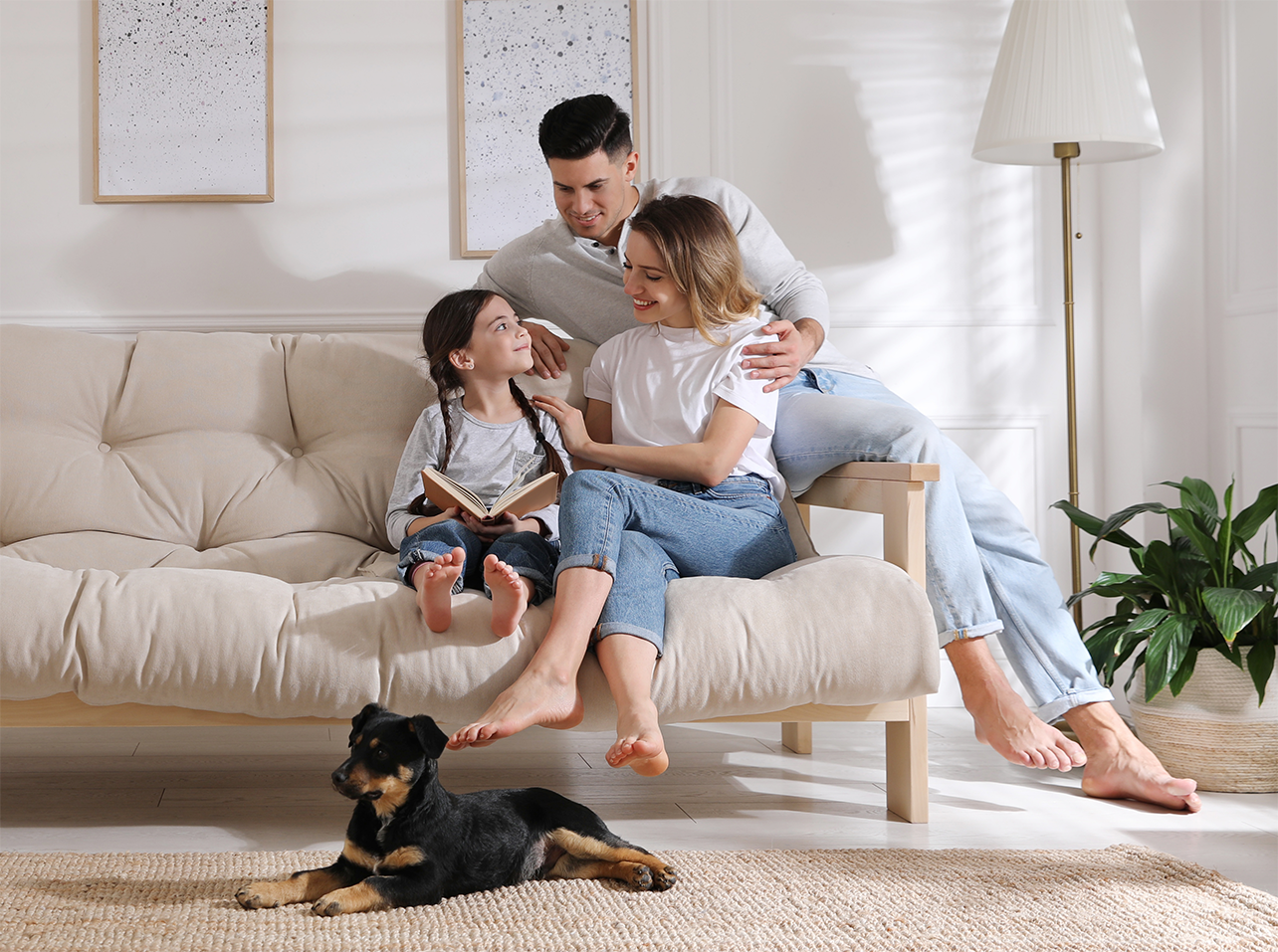 Happy family with their pet representing the pet rental revolution